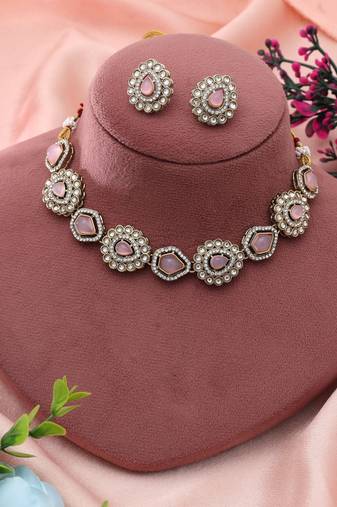 Pink Color Kundan Necklace Set Party Wear Style