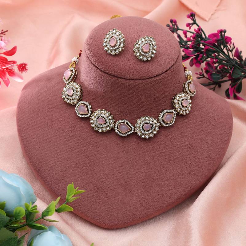 Pink Color Kundan Necklace Set Party Wear Style