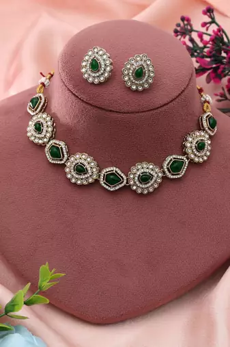 Green Color Kundan Necklace Set Festive Style