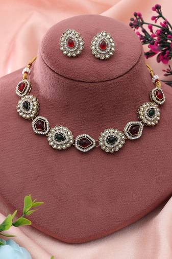 Maroon & Green Kundan Necklace Set Dual Tone