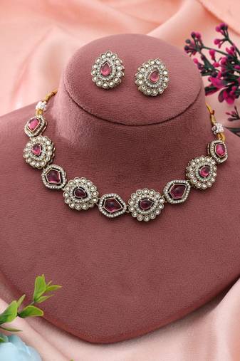 Magenta Color Kundan Necklace Set Bridal Style