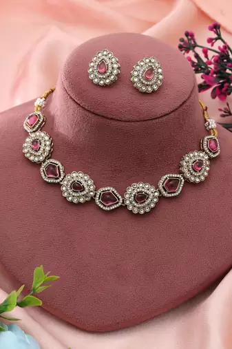 Magenta Color Kundan Necklace Set Bridal Style