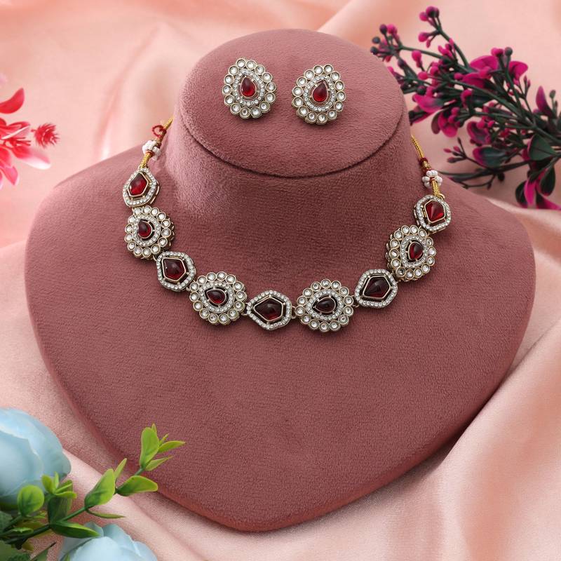Maroon Color Kundan Necklace Set Bridal Design