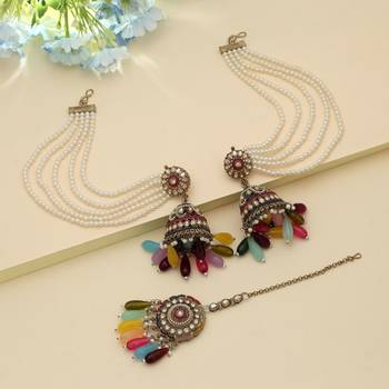 multicolor pearl kundan jhumka earrings with chain tikka set 1