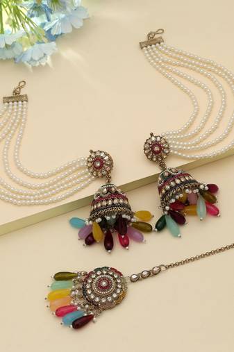 Multi Color Big Jhumka Kundan Earrings Tikka Set Bridal
