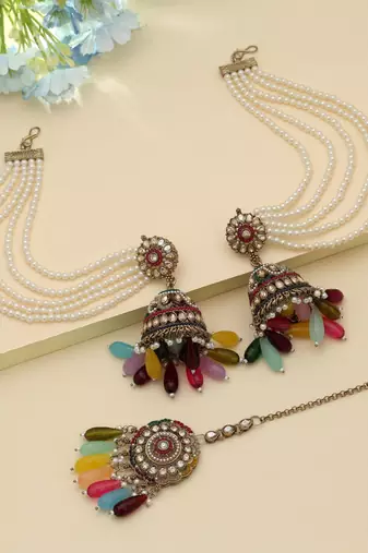 multicolor pearl kundan jhumka earrings with chain tikka set