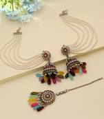 multicolor pearl kundan jhumka earrings with chain tikka set