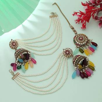 multicolor pearl kundan jhumka earrings with chain tikka set 2