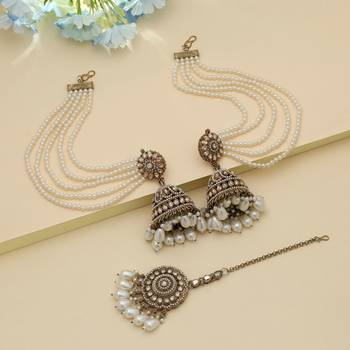 royal pearl kundan jhumka earrings with multi-layer chain tikka set 1