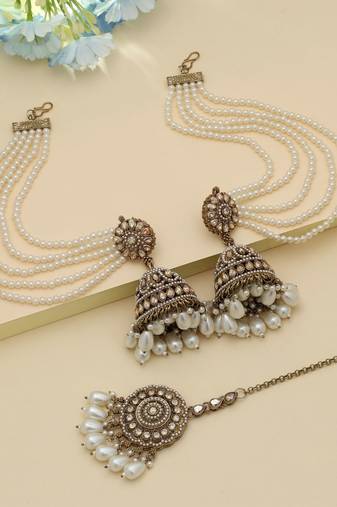 Gold Color Big Jhumka Kundan Earrings Tikka Set Wedding