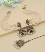 royal pearl kundan jhumka earrings with multi-layer chain tikka set
