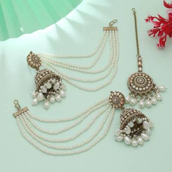 royal pearl kundan jhumka earrings with multi-layer chain tikka set 2