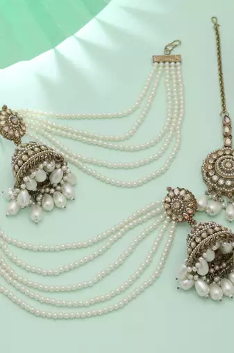royal pearl kundan jhumka earrings with multi-layer chain tikka set
