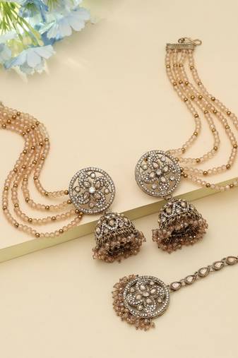 Gold Color Big Jhumka Kundan Earrings Tikka Set Bridal