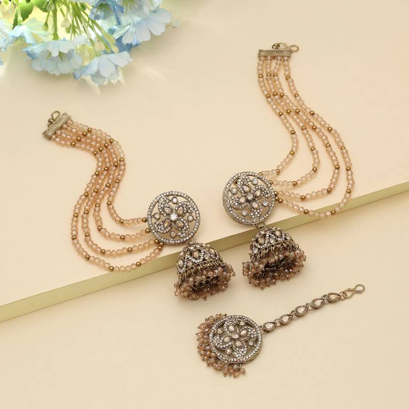 Gold Color Big Jhumka Kundan Earrings Tikka Set Bridal
