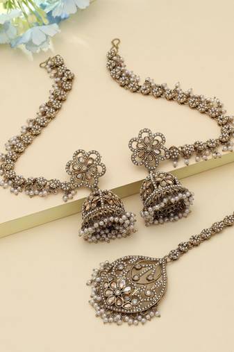 Gold Color Big Jhumka Kundan Earrings Tikka Set Party Wear