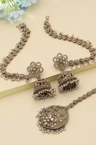 Gold Color Big Jhumka Kundan Earrings Tikka Set Party Wear