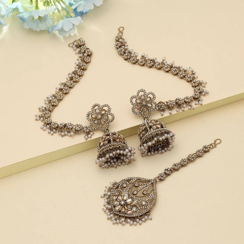 Gold Color Big Jhumka Kundan Earrings Tikka Set Party Wear