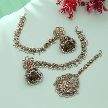 royal pearl kundan jhumka tikka set in gold 2