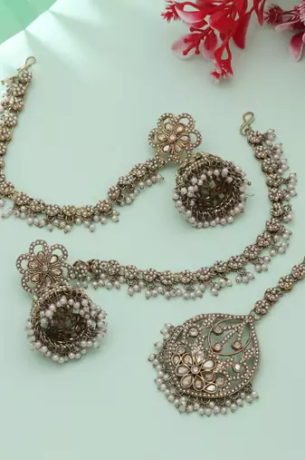 royal pearl kundan jhumka tikka set in gold