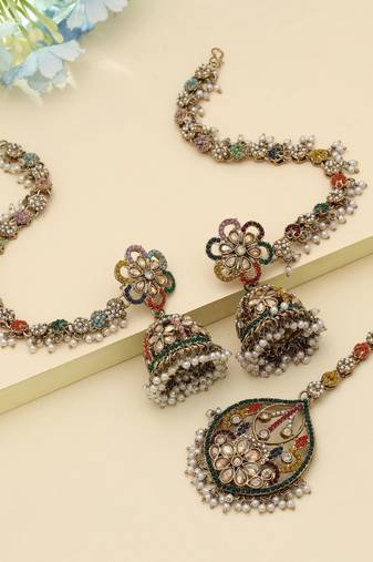 multicolor jhumka tikka set with kundan glam