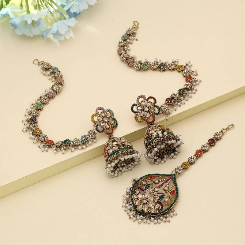 Multi Color Big Jhumka Kundan Earrings Tikka Set Festive