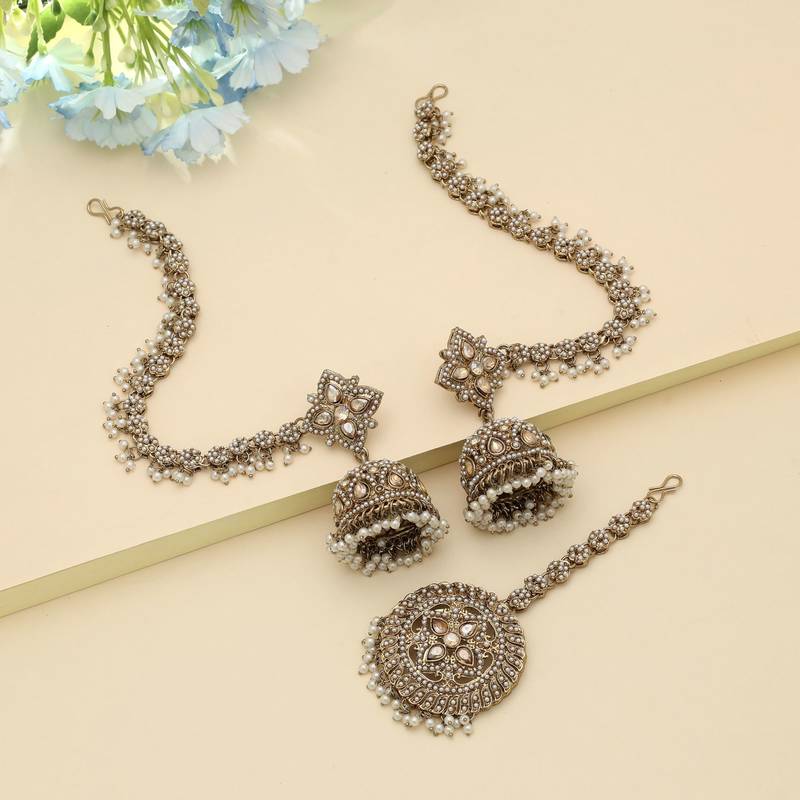 Gold Color Big Jhumka Kundan Earrings Tikka Set Premium