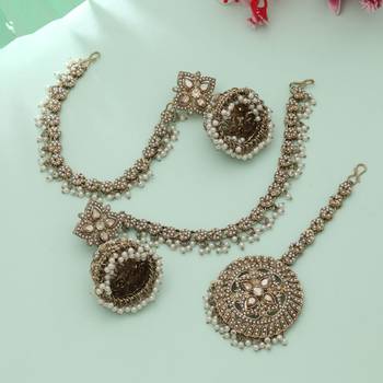 royal pearl kundan jhumka tikka set in antique gold 2