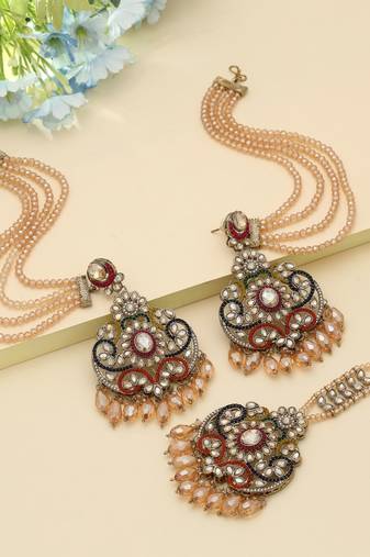 Multi Color Kundan Earrings Tikka Set Festive Style