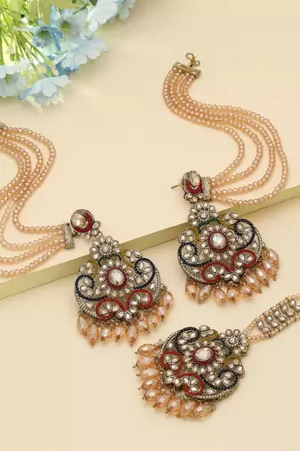 Multi Color Kundan Earrings Tikka Set Festive Style