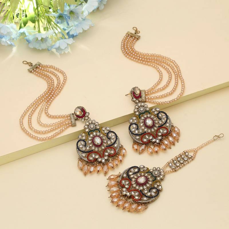 Multi Color Kundan Earrings Tikka Set Festive Style