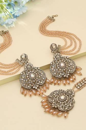 Gold Color Kundan Earrings Tikka Set Bridal Style