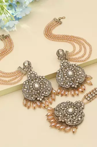 Gold Color Kundan Earrings Tikka Set Bridal Style