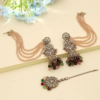multicolor beaded kundan jhumka earrings tikka set 1