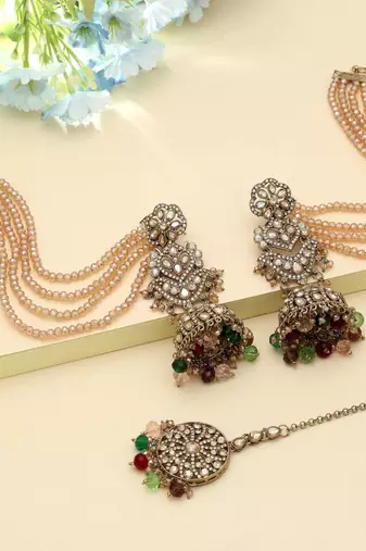 Multi Color Big Jhumka Kundan Earrings Tikka Set Stylish