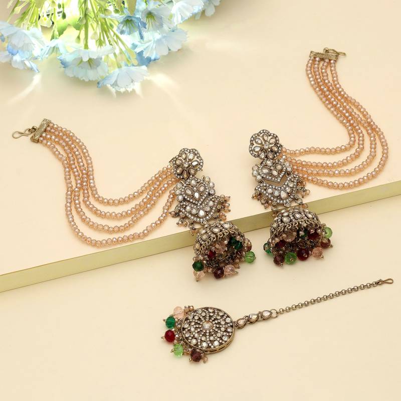 Multi Color Big Jhumka Kundan Earrings Tikka Set Stylish