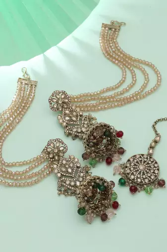 multicolor beaded kundan jhumka earrings tikka set