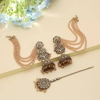 champagne kundan jhumka set with pearl chains 1