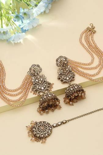 Gold Color Big Jhumka Kundan Earrings Tikka Set Festive