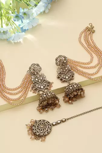 Gold Color Big Jhumka Kundan Earrings Tikka Set Festive