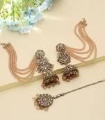 champagne kundan jhumka set with pearl chains