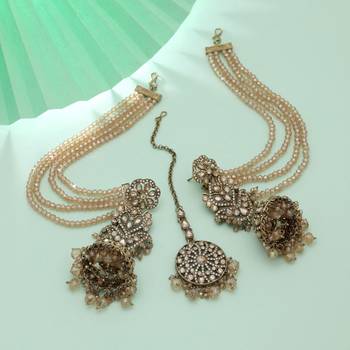 champagne kundan jhumka set with pearl chains 2