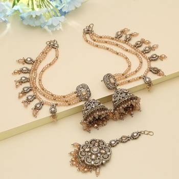 gold kundan jhumka earrings with tikka bridal set 1