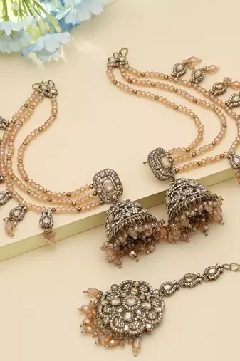 Gold Color Big Jhumka Kundan Earrings Tikka Set Royal