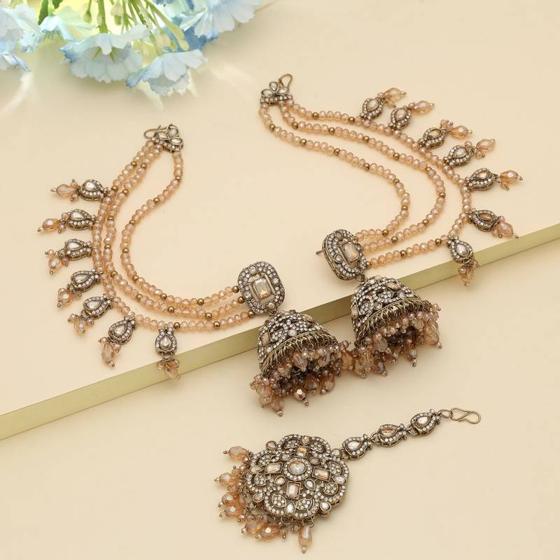 Gold Color Big Jhumka Kundan Earrings Tikka Set Royal