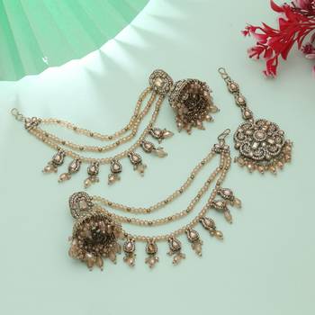 gold kundan jhumka earrings with tikka bridal set 2