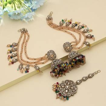 multi color kundan jhumka earrings with maang tikka set 1