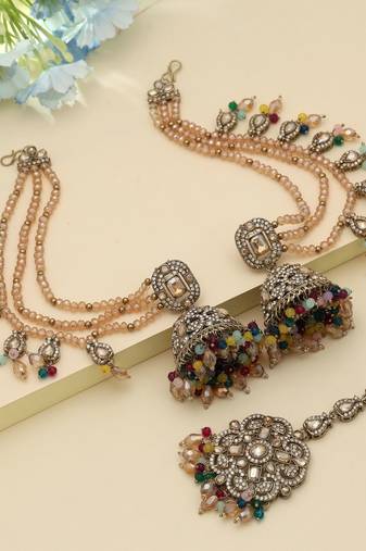 multi color kundan jhumka earrings with maang tikka set
