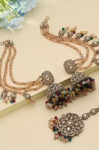 Multi Color Big Jhumka Kundan Earrings Tikka Set Festive