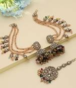 multi color kundan jhumka earrings with maang tikka set